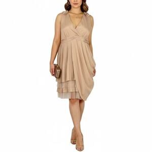 Anthro Ryu Tan Pleated Cocktail Dress with Rosette Shoulders Midi Dress Large